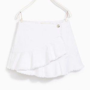 Zara White Denim Faux Wrap Ruffle Skirt